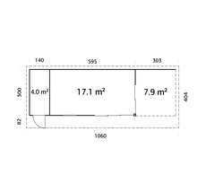 Grundriss eines Gartenhauses mit Größenangaben in Quadratmetern