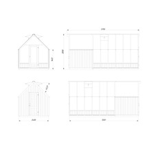 Technische Zeichnung eines Gewächshauses mit Maßangaben.