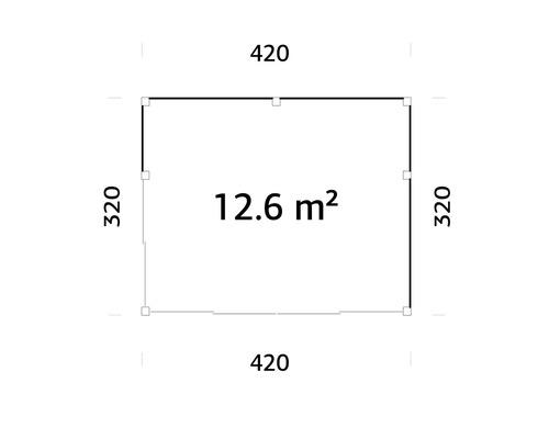 Grundriss mit den Maßen 420 mal 320 und einer Fläche von 12,6 Quadratmetern