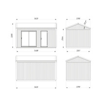 Technische Zeichnung eines Gartenhauses mit Maßangaben.