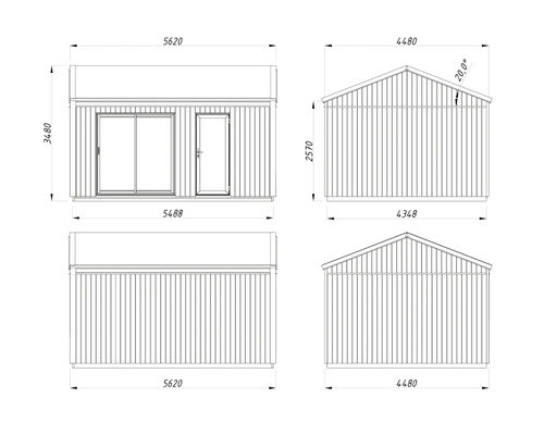 Technische Zeichnung eines Gartenhauses mit Abmessungen