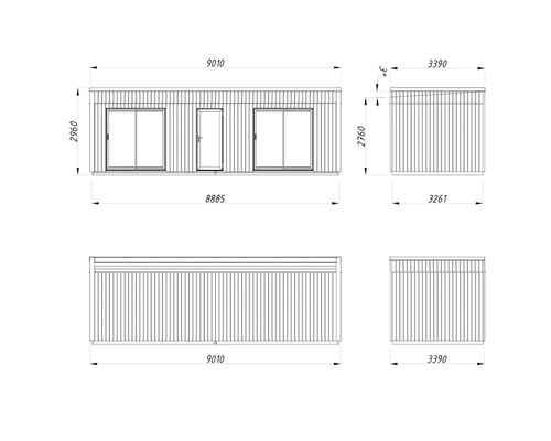 Technische Zeichnung eines Containerhauses mit Maßangaben