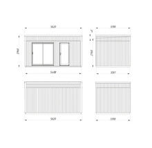 Technische Zeichnung eines Gartenhauses mit Maßangaben