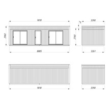 Technische Zeichnung eines Containerhauses mit Maßangaben