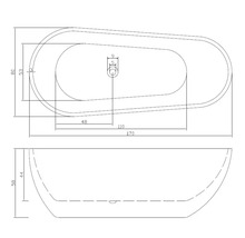 Technische Zeichnung einer freistehenden Badewanne mit Maßangaben