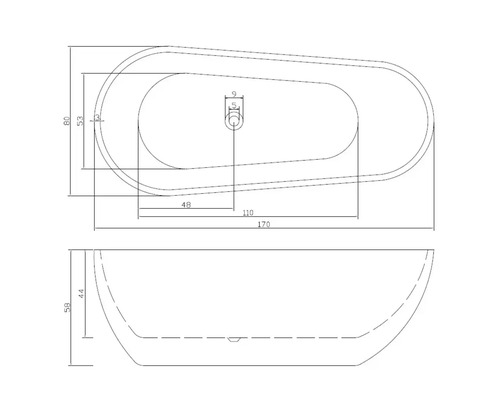 Technische Zeichnung einer freistehenden Badewanne mit Maßangaben