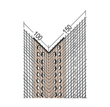 Illustration einer Eckschutzschiene mit Lochung und den Maßen 100 mal 150 Millimeter.
