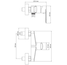 Technische Zeichnung einer Armatur mit Maßangaben