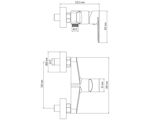 Technische Zeichnung einer Armatur mit Maßangaben