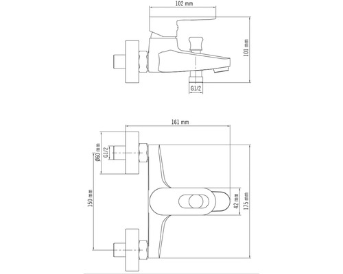 Technische Zeichnung einer Armatur mit Maßangaben