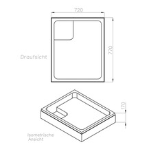 Technische Zeichnung einer Duschwanne mit den Maßen 720 mal 770 Millimeter in der Draufsicht und der isometrischen Ansicht.