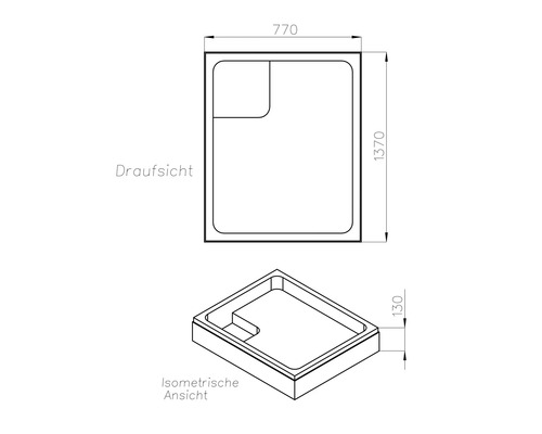 Technische Zeichnung einer Duschwanne mit Maßangaben in Millimeter