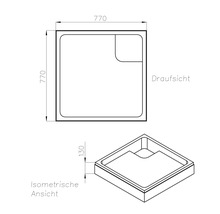 Technische Zeichnung einer Duschwanne, quadratisch, 770 x 770 Millimeter, Höhe 130 Millimeter, Draufsicht und isometrische Ansicht