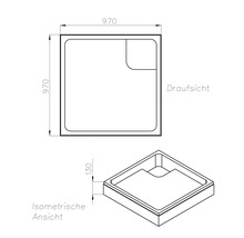 Technische Zeichnung einer Duschwanne mit den Maßen 970 mal 970 Millimeter und einer Höhe von 130 Millimeter.