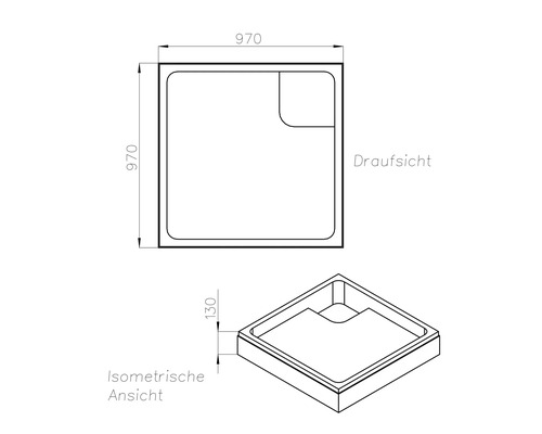 Technische Zeichnung einer Duschwanne mit den Maßen 970 mal 970 Millimeter und einer Höhe von 130 Millimeter.