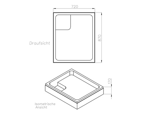 Technische Zeichnung einer Duschwanne mit den Maßen 720 x 870 x 170 Millimeter.