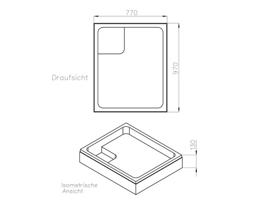 Technische Zeichnung einer Duschwanne mit den Maßen 770 x 970 x 130 mm.