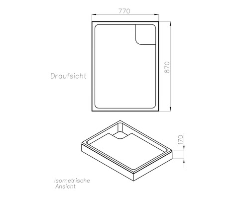 Technische Zeichnung einer Duschwanne mit Maßen 770 x 870 x 170 mm