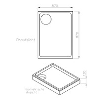 Technische Zeichnung einer Duschwanne mit Maßangaben