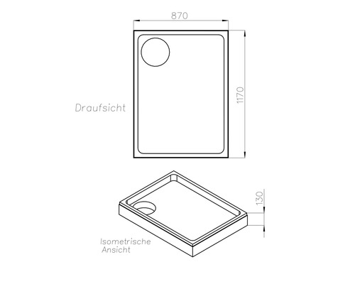 Technische Zeichnung einer Duschwanne mit Maßangaben
