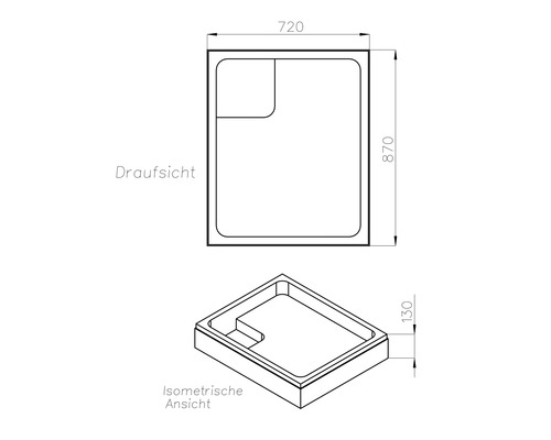Technische Zeichnung einer Duschwanne mit Maßen