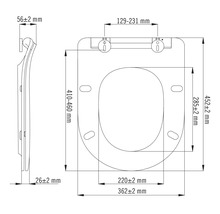 Technische Zeichnung eines WC-Sitzes mit Maßangaben