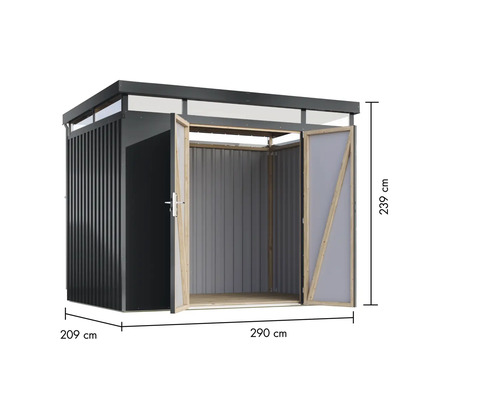 Gartenschuppen mit den Maßen 209 cm x 290 cm x 239 cm