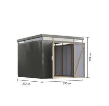 Geräteschuppen mit offenen Türen und den Maßen 292 mal 290 mal 239 Zentimeter