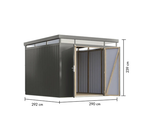 Geräteschuppen mit offenen Türen und den Maßen 292 mal 290 mal 239 Zentimeter