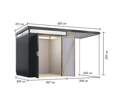 Abbildung eines Gartenhauses mit den Maßangaben