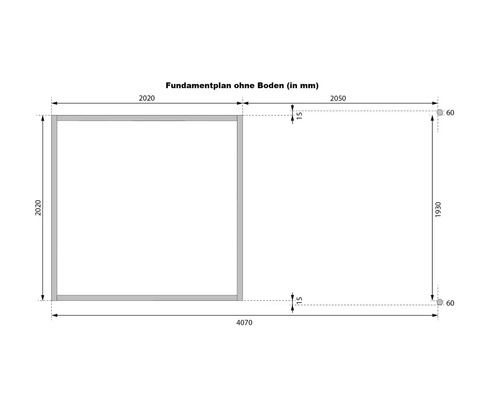 Fundamentplan ohne Boden mit Maßen in Millimeter