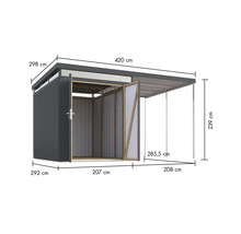 Abbildung eines Gerätehauses mit offenen Türen und Maßangaben.