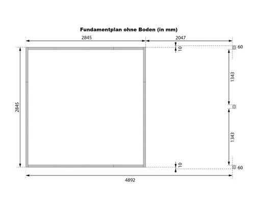Fundamentplan ohne Boden mit Maßen in Millimeter