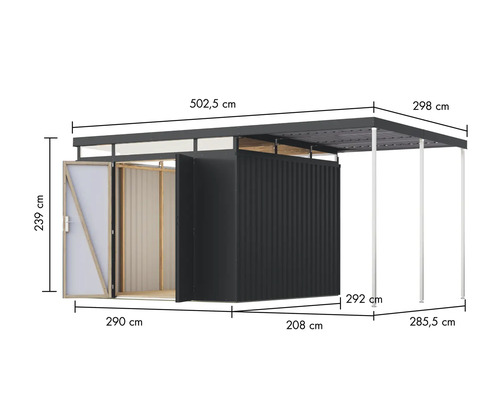 Abbildung eines Gerätehauses mit Maßangaben