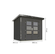 Holzgartenhaus mit Doppeltür und Maßangaben 240,5 x 201,5 x 219 cm