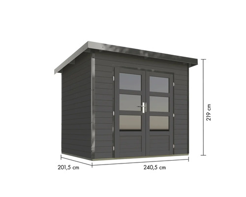 Holzgartenhaus mit Doppeltür und Maßangaben 240,5 x 201,5 x 219 cm