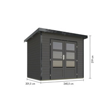 Gartenhaus mit Doppeltür und den Maßen 240,5 x 201,5 x 219 cm.