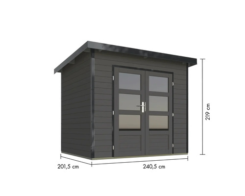 Gartenhaus mit Doppeltür und den Maßen 240,5 x 201,5 x 219 cm.