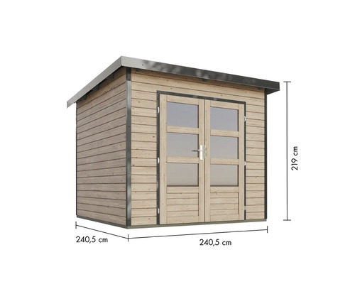 Gartenhaus aus Holz mit Doppeltür und den Maßen 240,5 x 240,5 x 219 cm