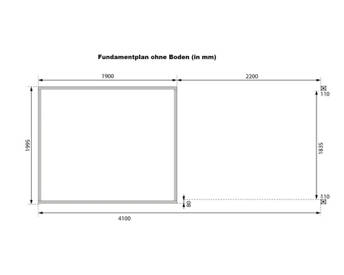 Fundamentplan ohne Boden mit Maßangaben in Millimeter