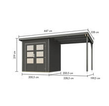 Gartenhaus mit Anbau und Maßangaben