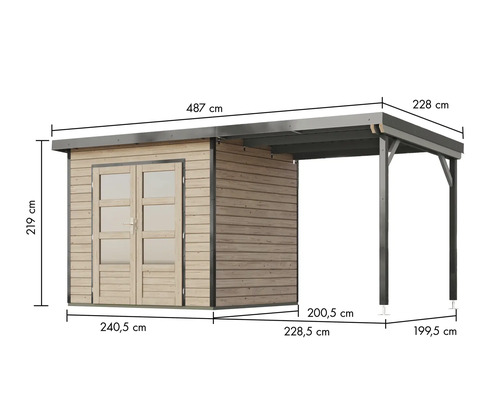 Holzgartenhaus mit Anbau und Maßangaben