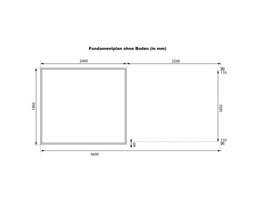 Fundamentplan ohne Boden mit Maßen in Millimeter