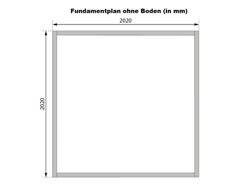 Fundamentplan ohne Boden mit Abmessungen 2020 Millimeter