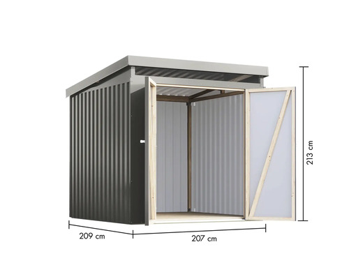 Gartenschrank aus Metall mit offenen Türen und Größenangaben