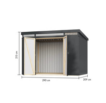 Geräteschuppen mit offenen Türen und Maßangaben