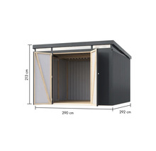 Geräteschuppen aus Metall mit offenen Doppeltüren und Größenangaben