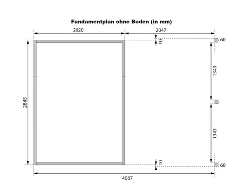 Fundamentplan ohne Boden mit Maßangaben in Millimeter