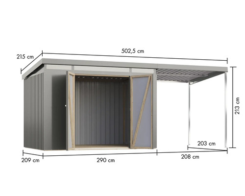 Abbildung einer Gerätehausansicht mit Maßangaben