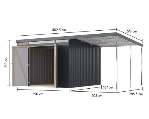 Abbildung eines Gerätehauses mit den Maßangaben